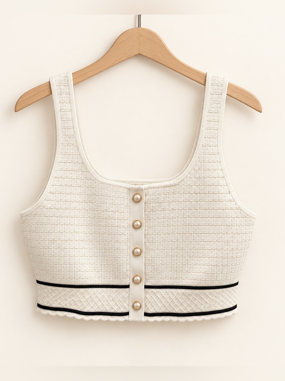 Aritzia Babaton White Textured Knit Cropped Tank Top Pearl Buttons XL